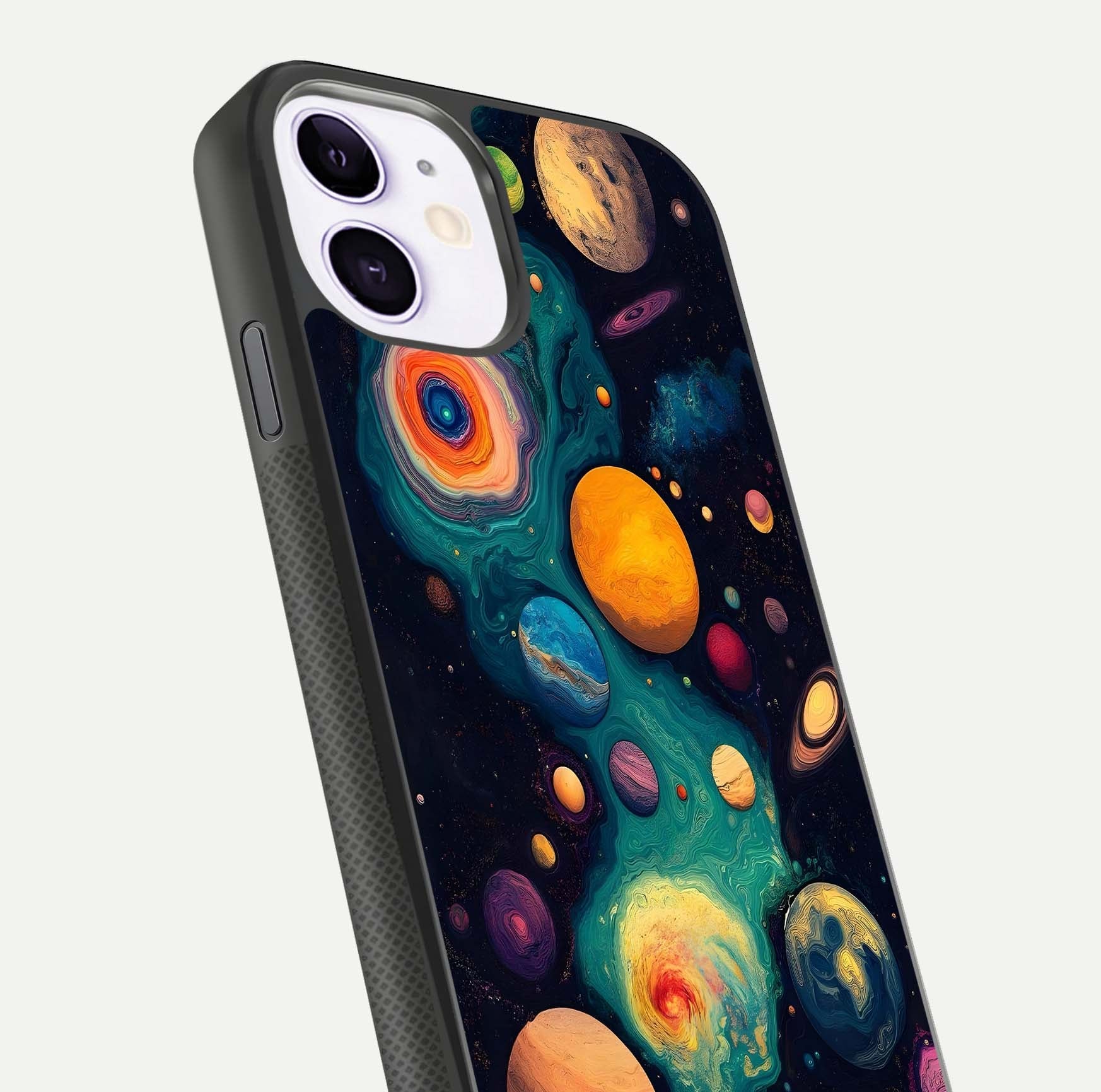 Cosmic Planet Journey Glass Case for iPhone 11 close-up highlighting planets, stars, and shine reflection