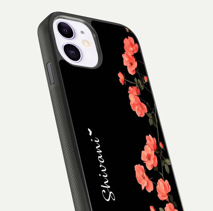 Crimson Bloom Grace Custom Name Glass Case for iPhone 11 close-up highlighting flower pattern and reflection texture