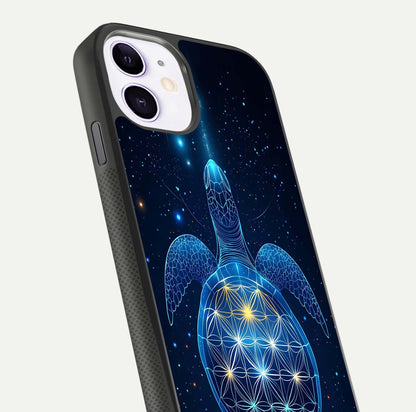 Crimson Blue Turtle Glass Case for iPhone 11 close-up highlighting turtle shell detail and shine reflection