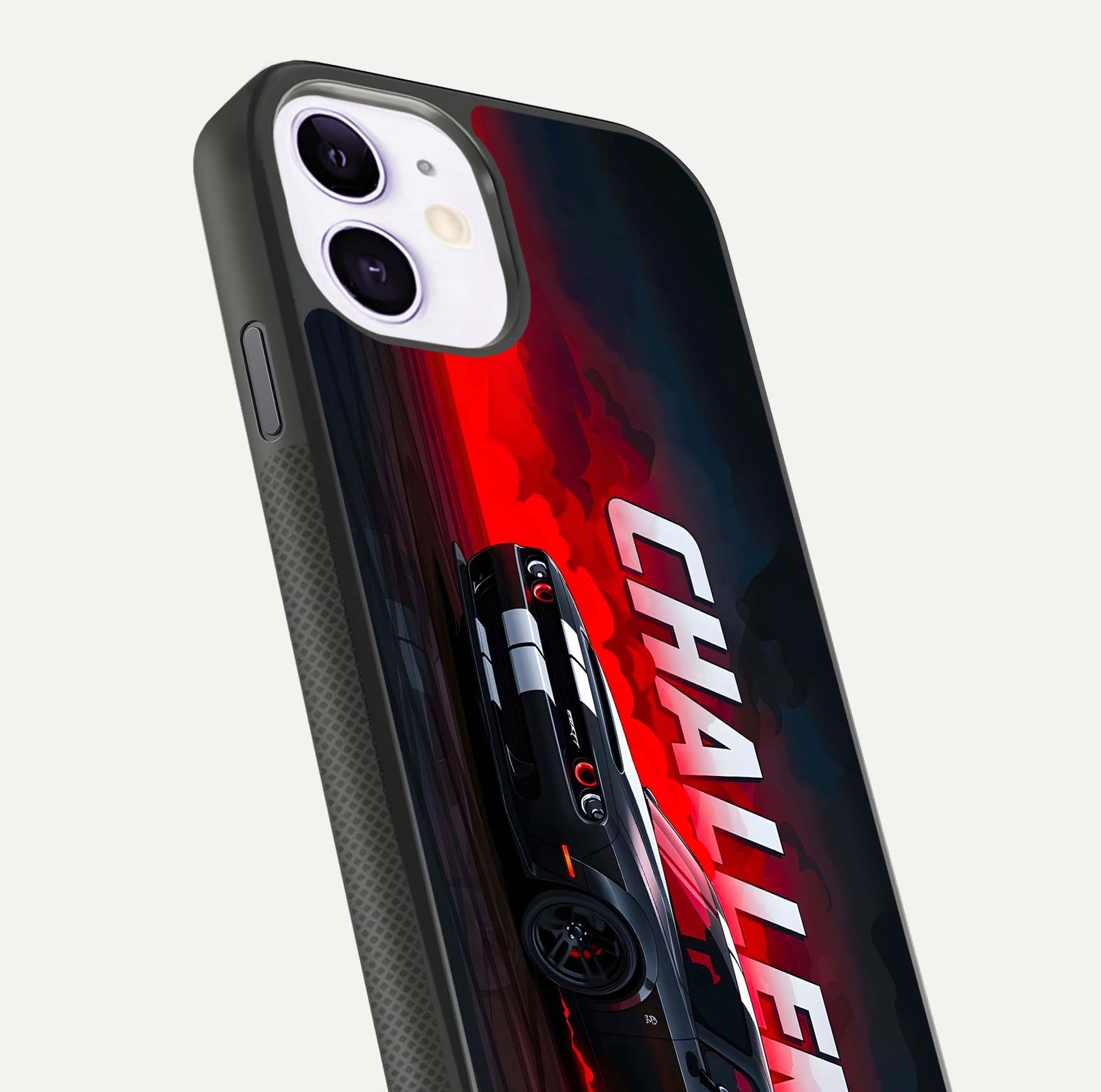 Crimson Challenger Fury Glass Case for iPhone 11 close-up highlighting car details and reflection depth