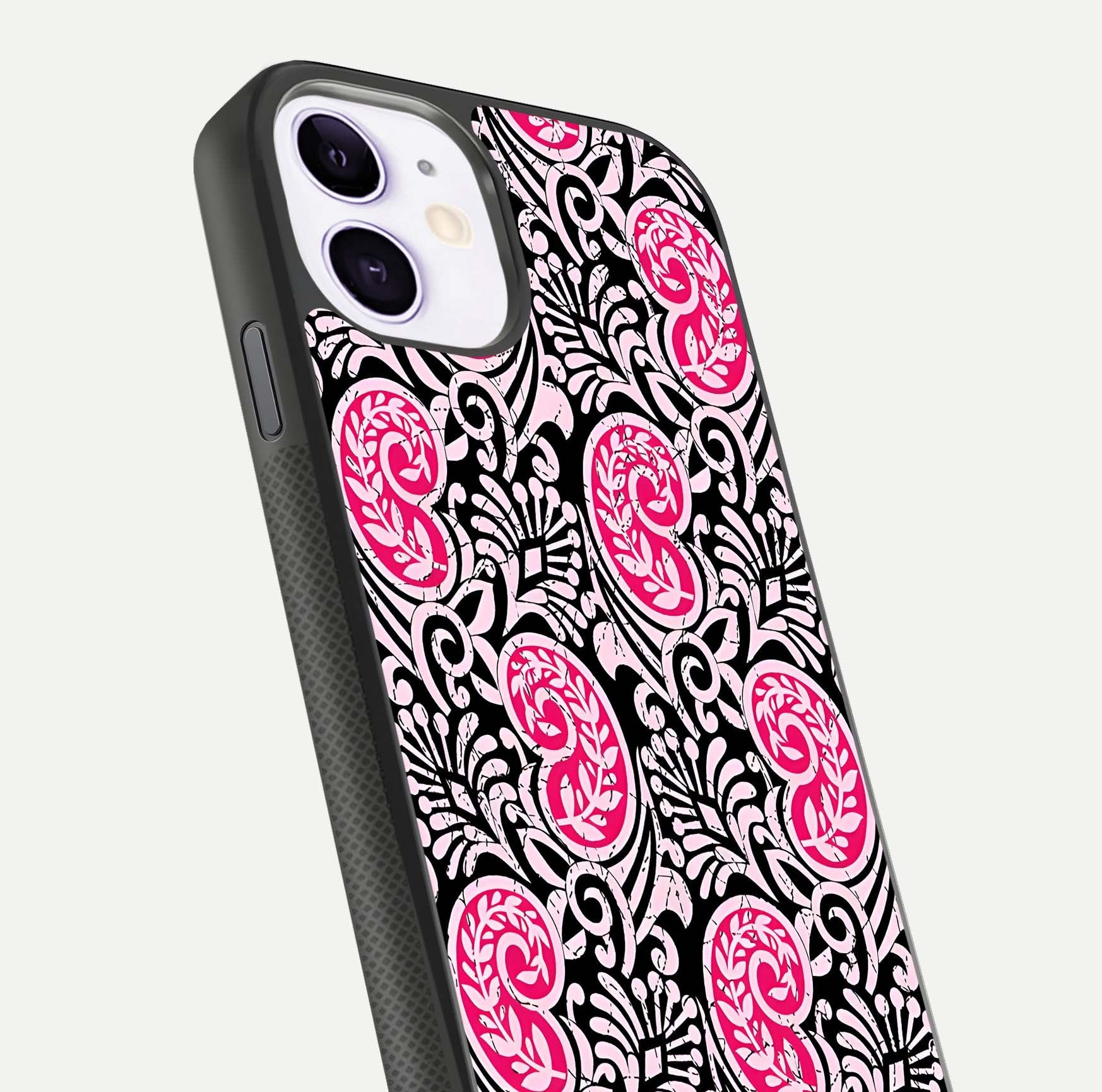 Crimson Paisley Charm Glass Case for iPhone 11 close-up highlighting fine pattern detail and reflection tone
