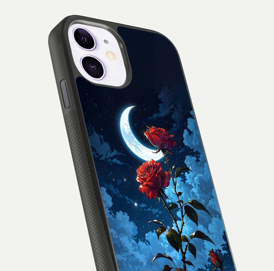 Crimson Rose Moon Glass Case for iPhone 11 close-up showing rose detail and reflection highlight