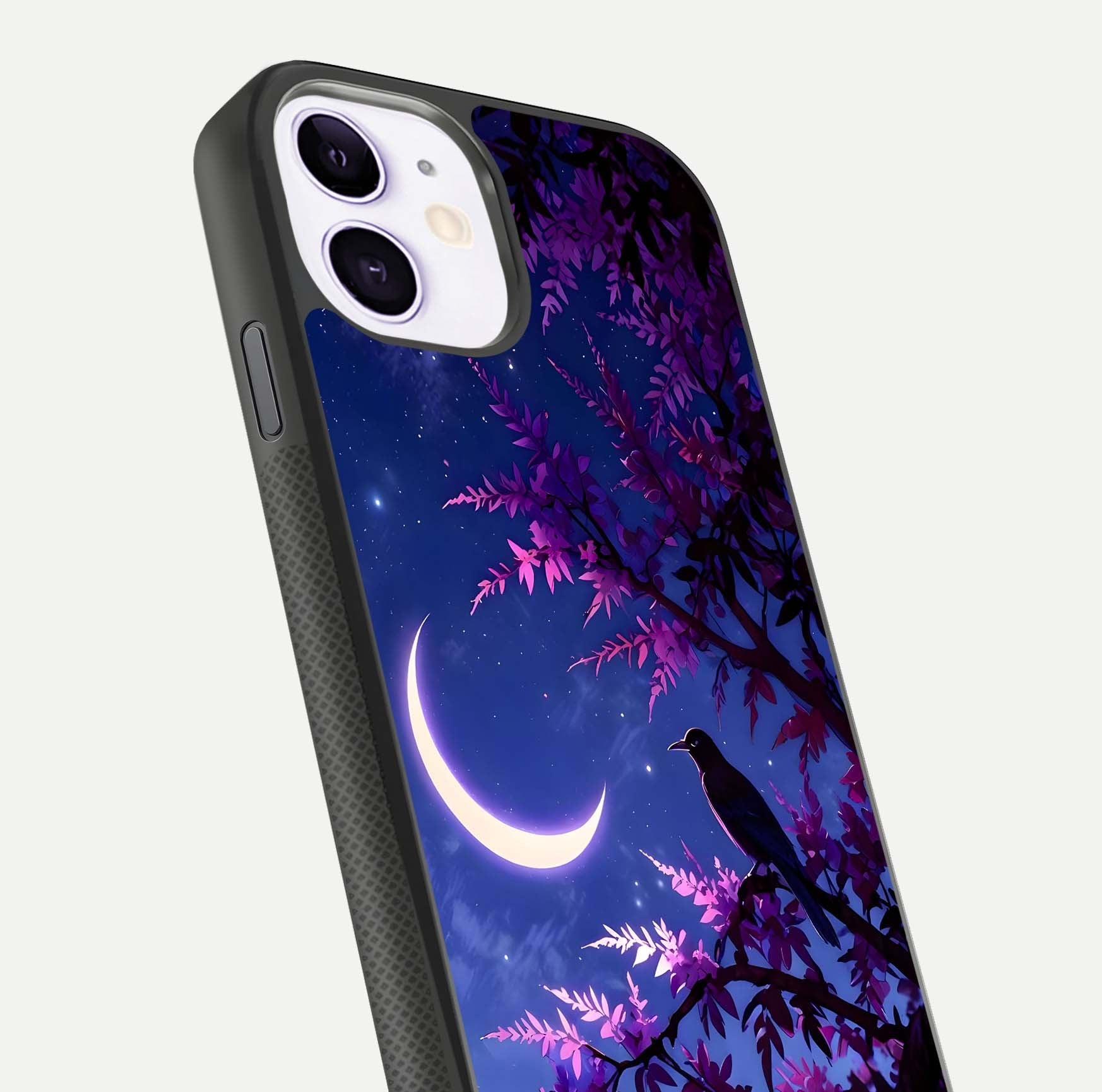 Crow & Moon Scenery Glass Case for iPhone 11 close-up highlighting moon detail, dark tones, and glass reflection