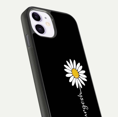 Custom Name White Flower Glass Case for iPhone 11 close-up highlighting petals, name print, and reflection polish
