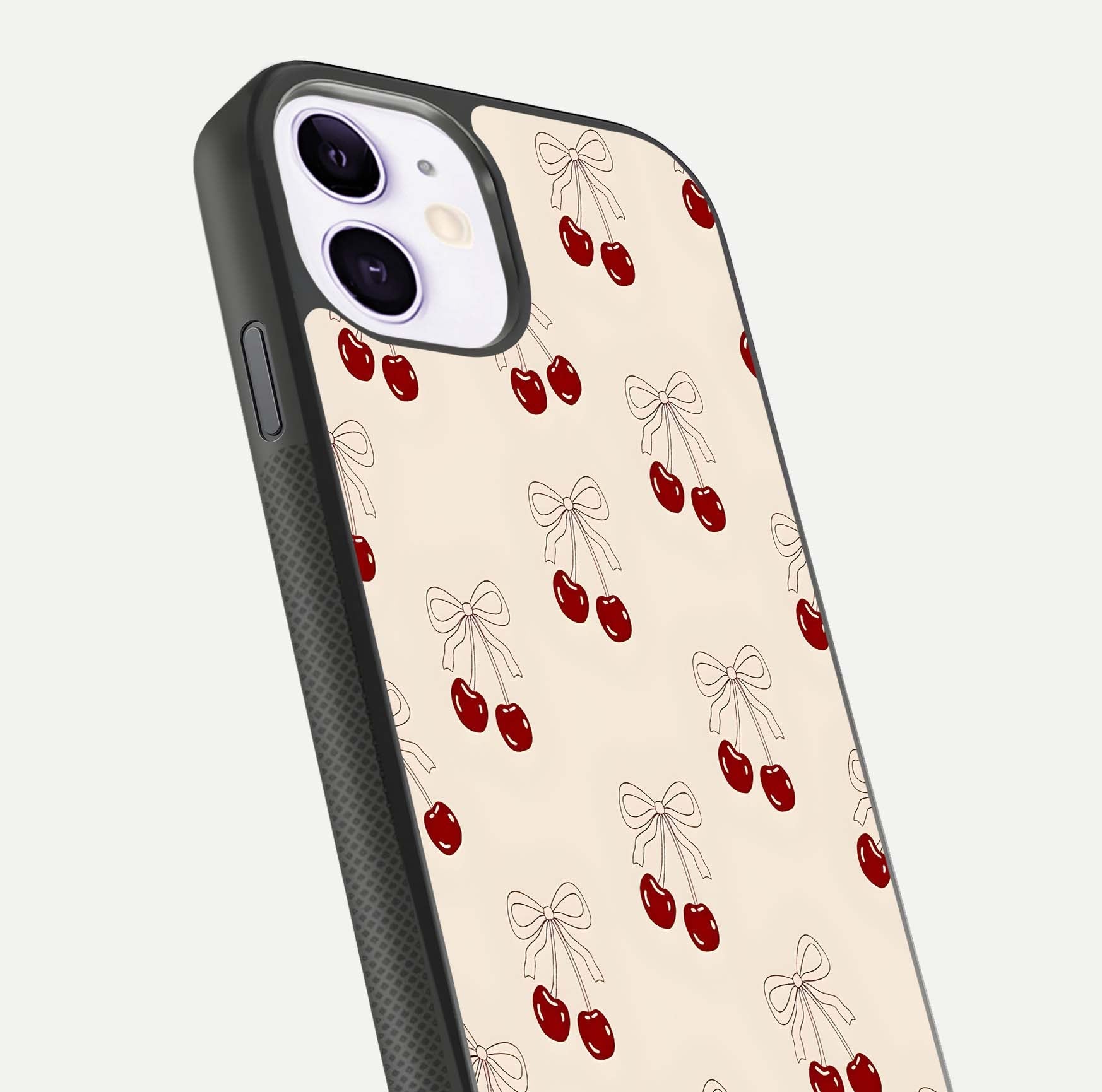 Cute Cherry Pattern Glass Case for iPhone 11 close-up showing cherry cluster details and light reflection