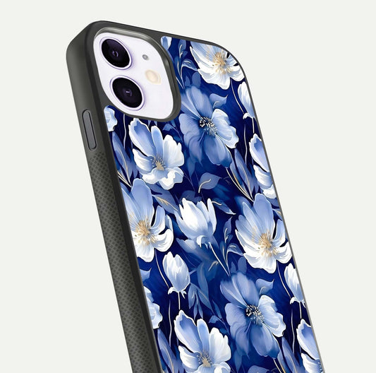 Cute Floral Patterns Glass Case for iPhone 11 close-up highlighting flowers and gloss reflection