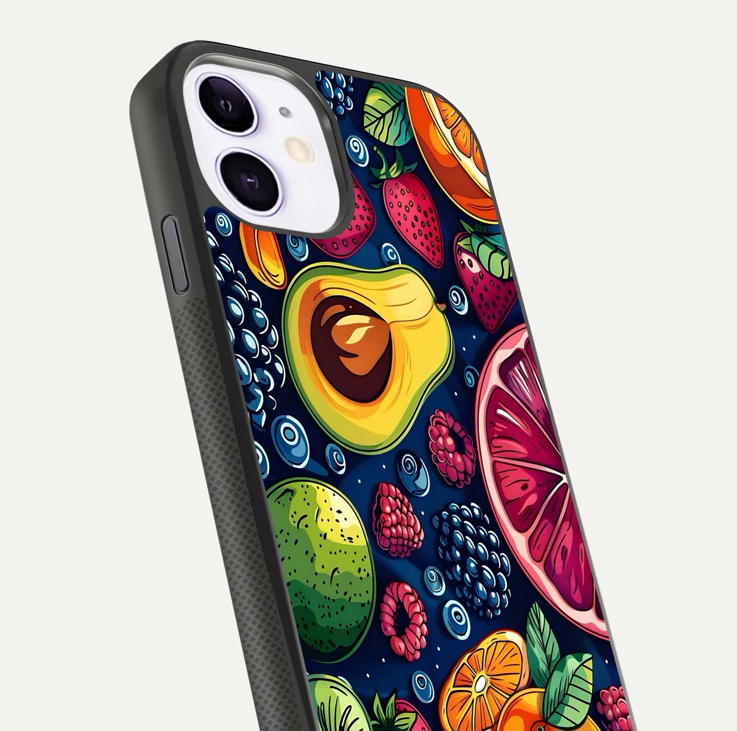 Cute Fruits Art Glass Case for iPhone 11 close-up highlighting fruit shapes, color tones, and reflection polish