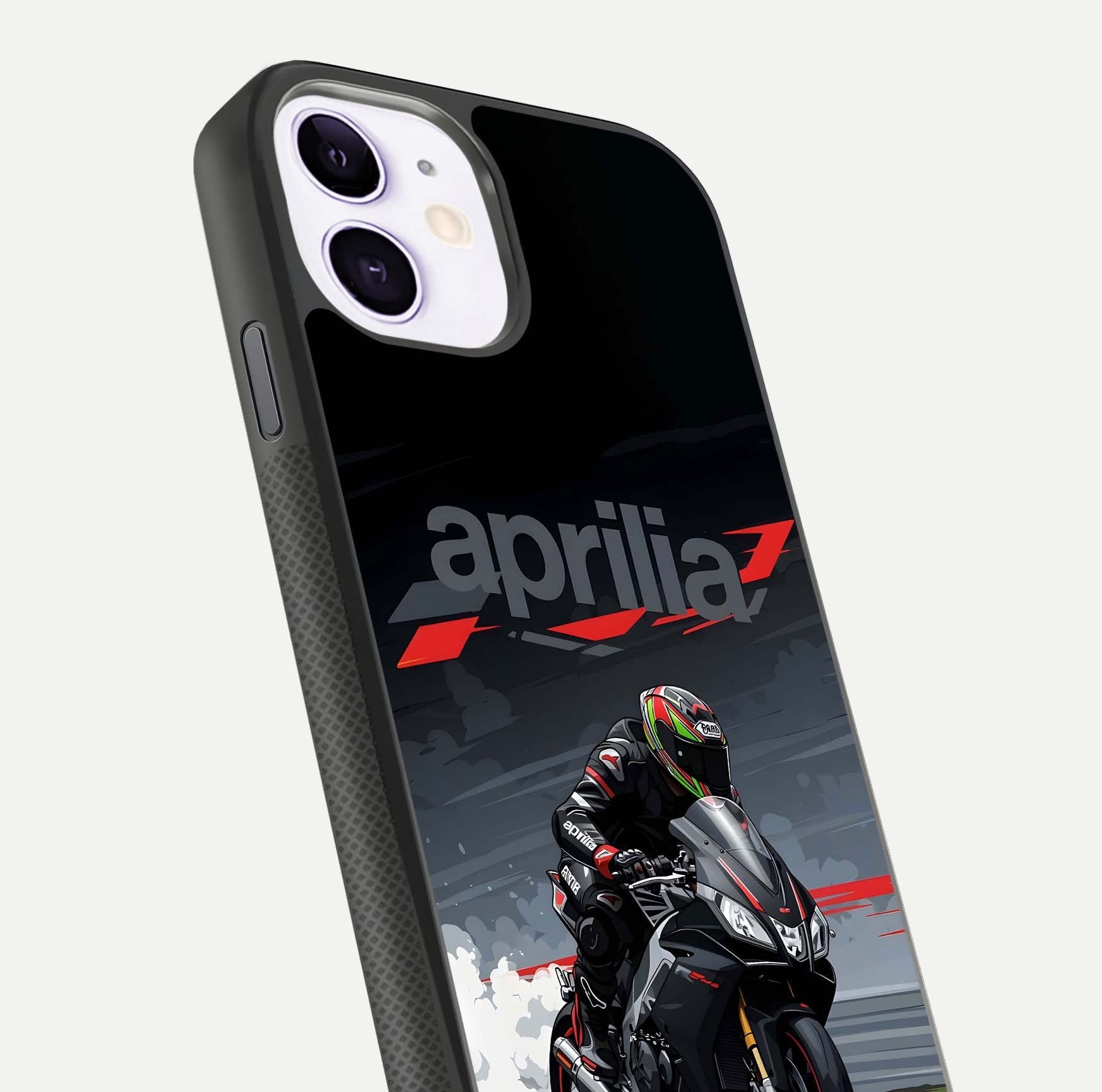 Dark Aprilla Glass Case for iPhone 11 close-up highlighting detailing and reflection effect
