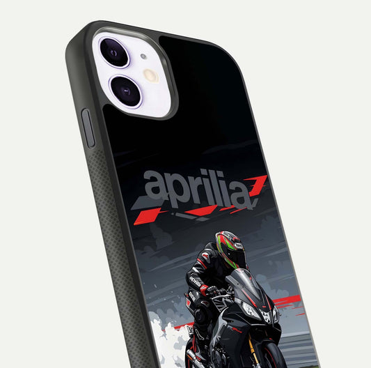 Dark Aprilla Glass Case for iPhone 11 close-up highlighting detailing and reflection effect