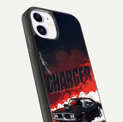 Dark Charger Fury Glass Case for iPhone 11 close-up highlighting car reflection and light gloss