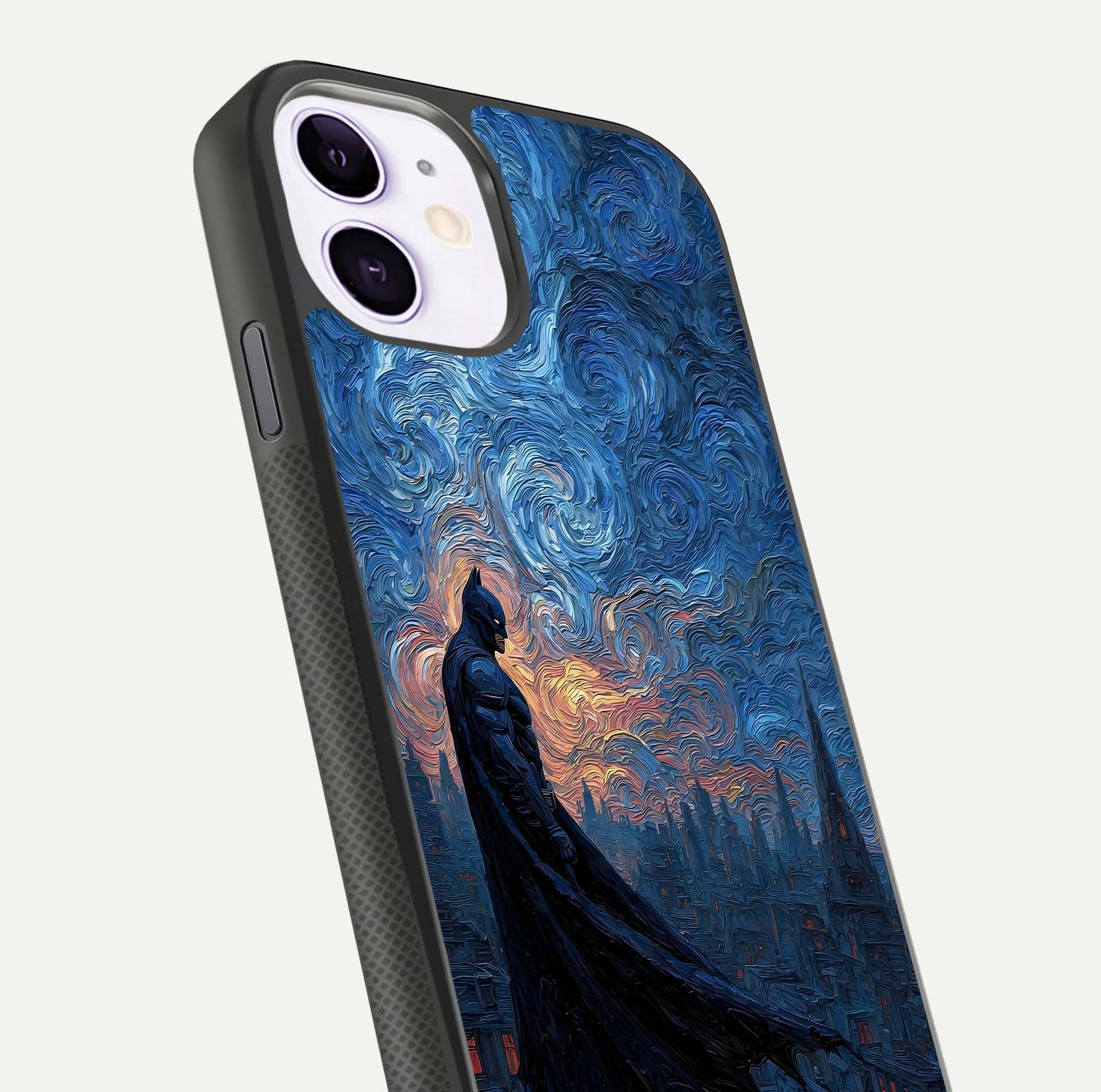 Dark Knight Dusk Glass Case for iPhone 11 close-up highlighting dark suit texture and reflection detail