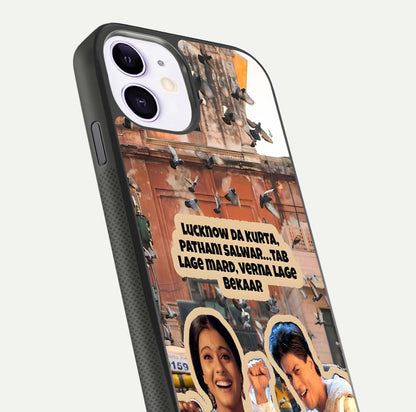 Desi Retro Vibes Glass Case for iPhone 11 close-up highlighting retro color palette and reflection glow