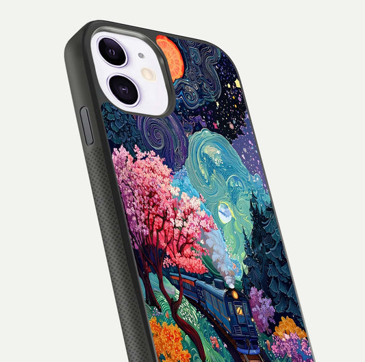 Digital Art Glass Case for iPhone 11 close-up highlighting brush-stroke details and reflection polish