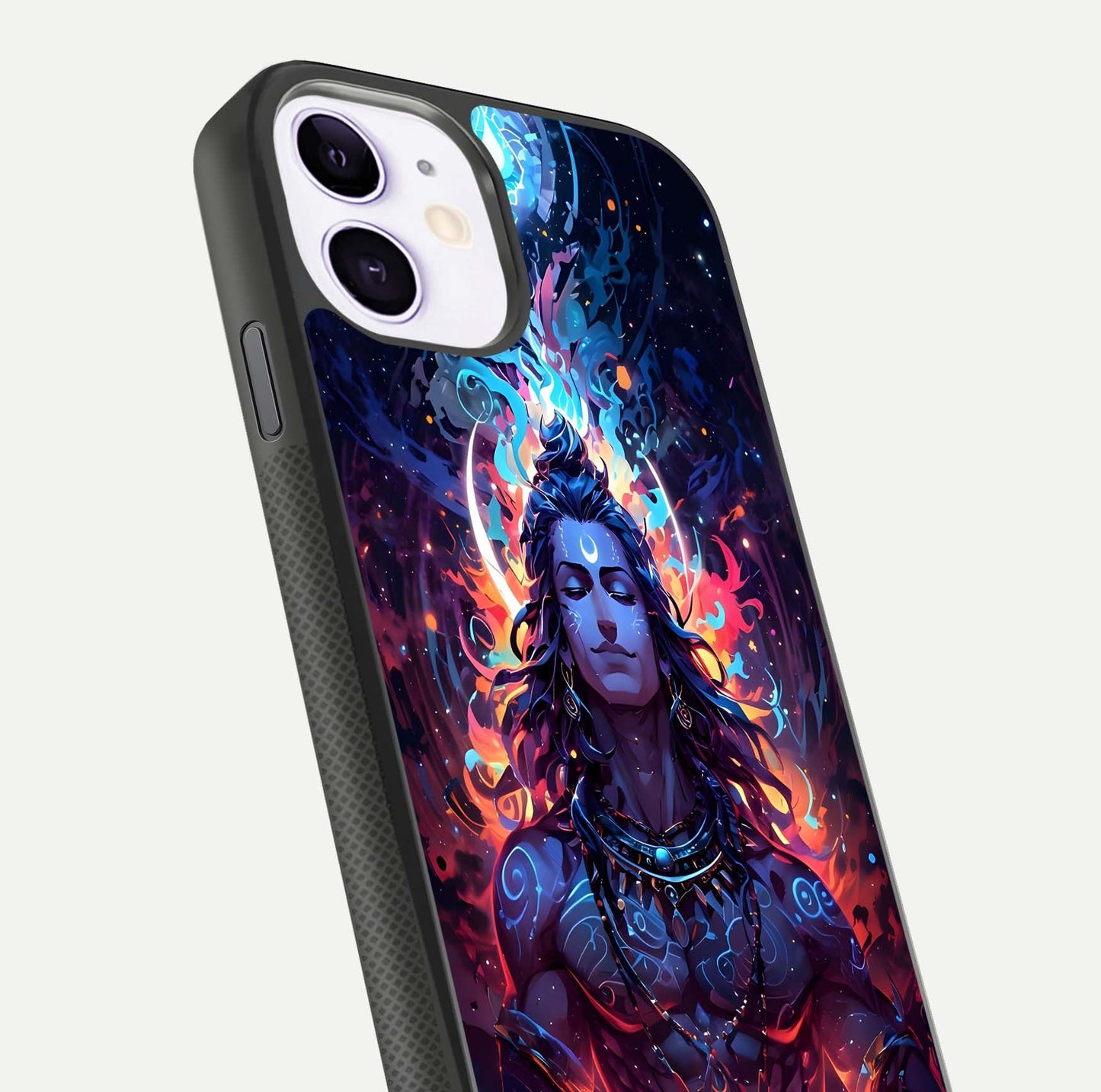 Divine Fire Shiv Glass Case for iPhone 11 close-up highlighting divine detailing and reflection depth