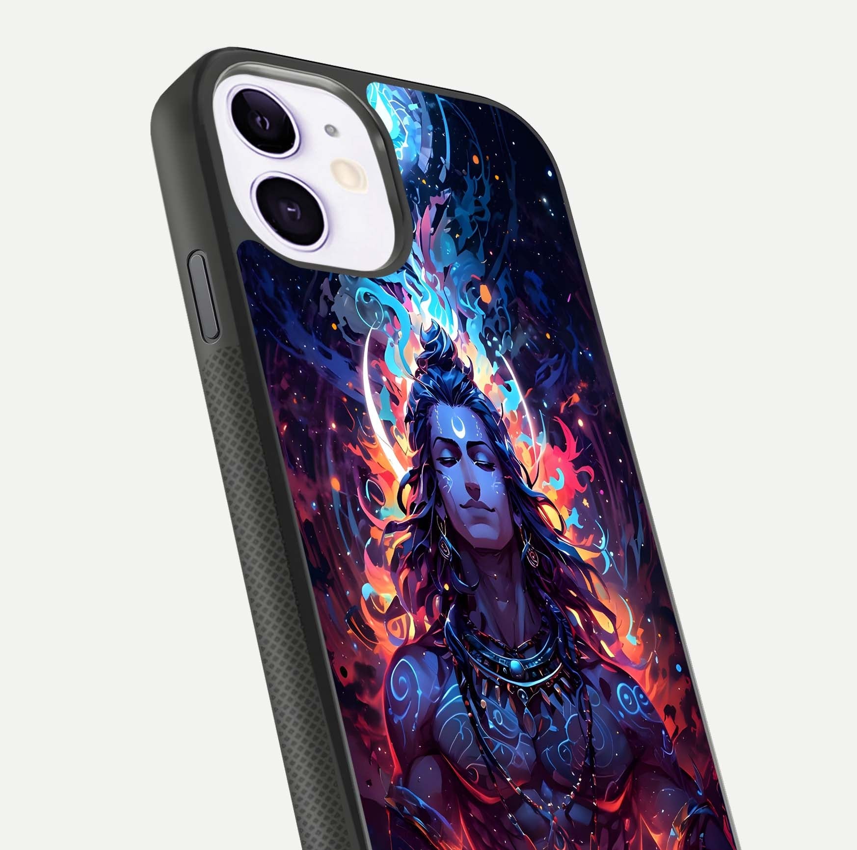 Divine Fire Shiv Glass Case for iPhone 11 close-up highlighting divine detailing and reflection depth