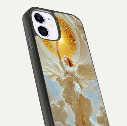 Divine Light Angel Glass Case for iPhone 11 close-up highlighting light rays and glass reflection
