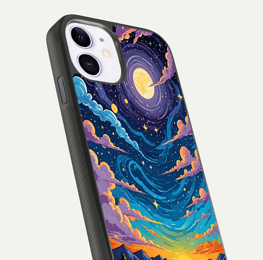 Dreamy Night Landscape Glass Case for iPhone 11 close-up highlighting stars and reflection tone