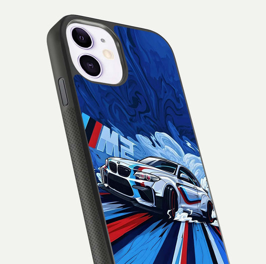 Drift Power Rush Glass Case for iPhone 11 close-up highlighting car reflection and metallic tones