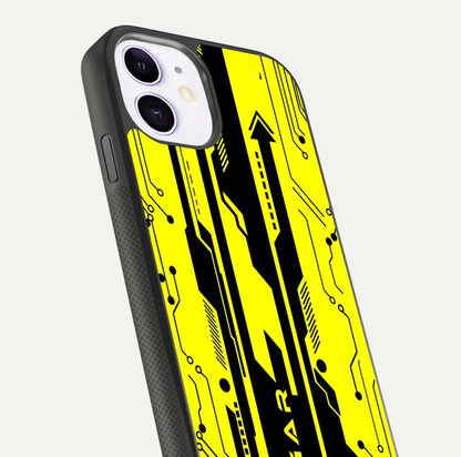 Electric Pulse CYBERPUNK Custom Name Glass Case for iPhone 11 close-up highlighting tech pattern, lighting effect, and reflection shine