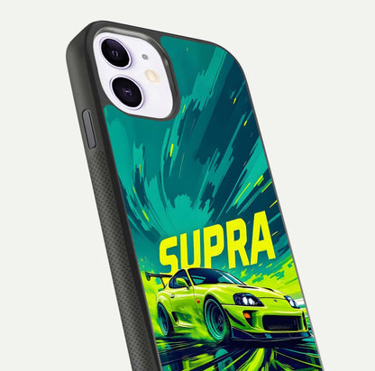 Electric Supra Thunder Glass Case for iPhone 11 close-up highlighting car reflection, neon tones, and gloss polish