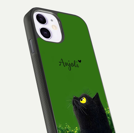 Emerald Cat Custom Name Glass Case for iPhone 11 close-up highlighting feline detail, emerald hues, and reflection polish