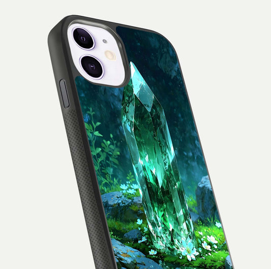 Emerald Light Crystal Glass Case for iPhone 11 close-up highlighting crystal texture and reflection glow