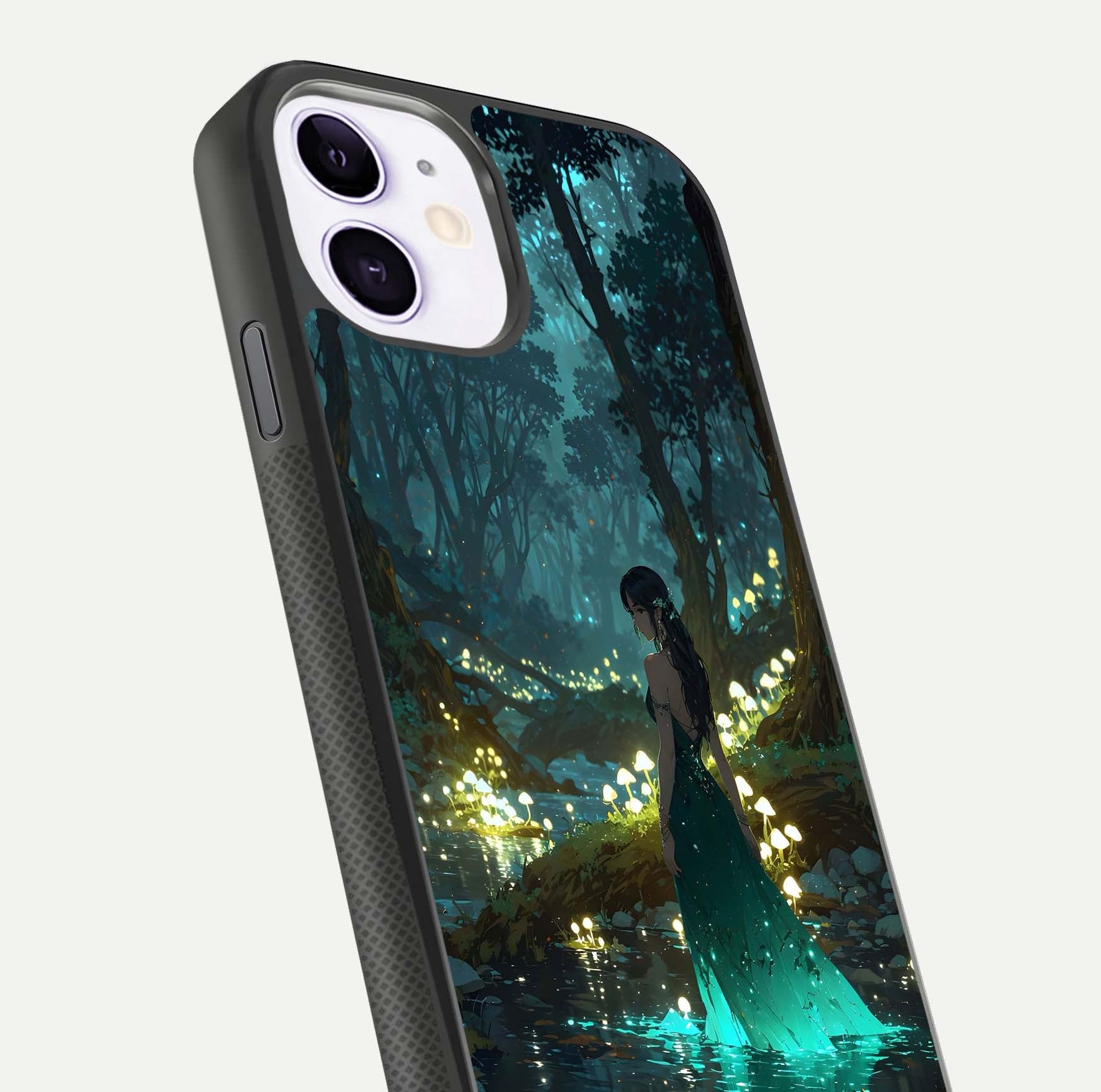 Enchanted Forest Glow Glass Case for iPhone 11 close-up highlighting trees, lights, and reflection texture