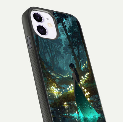 Enchanted Forest Glow Glass Case for iPhone 11 close-up highlighting trees, lights, and reflection texture