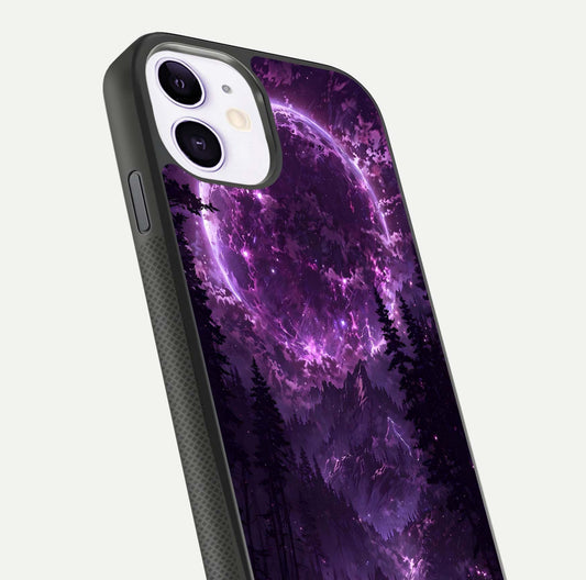 Eternal Cosmic Drive Glass Case for iPhone 11 close-up highlighting cosmic lights and reflection depth
