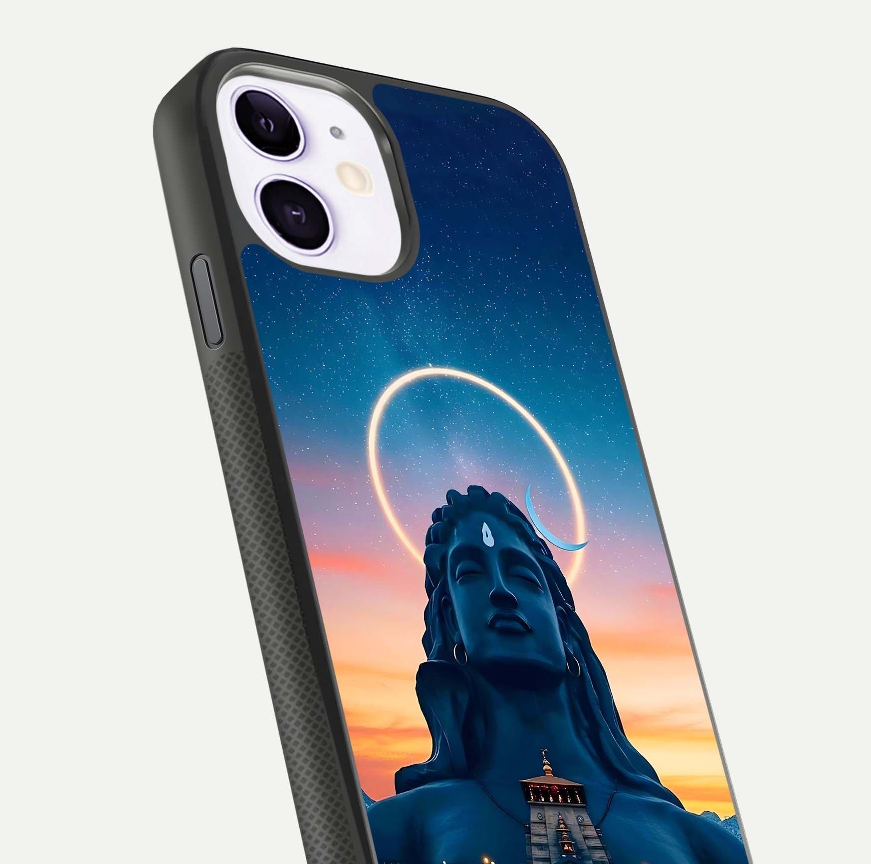 Eternal Shiva Aura Glass Case for iPhone 11 close-up highlighting divine detailing and reflection light