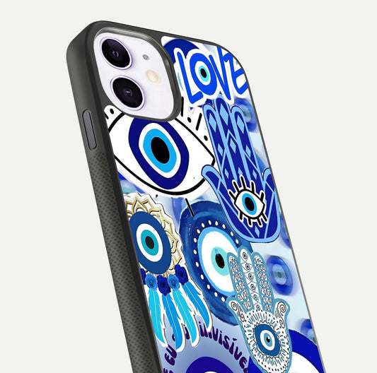 Evil Eyes Dream Glass Case for iPhone 11 close-up highlighting evil-eye charm detail and light reflection on glass