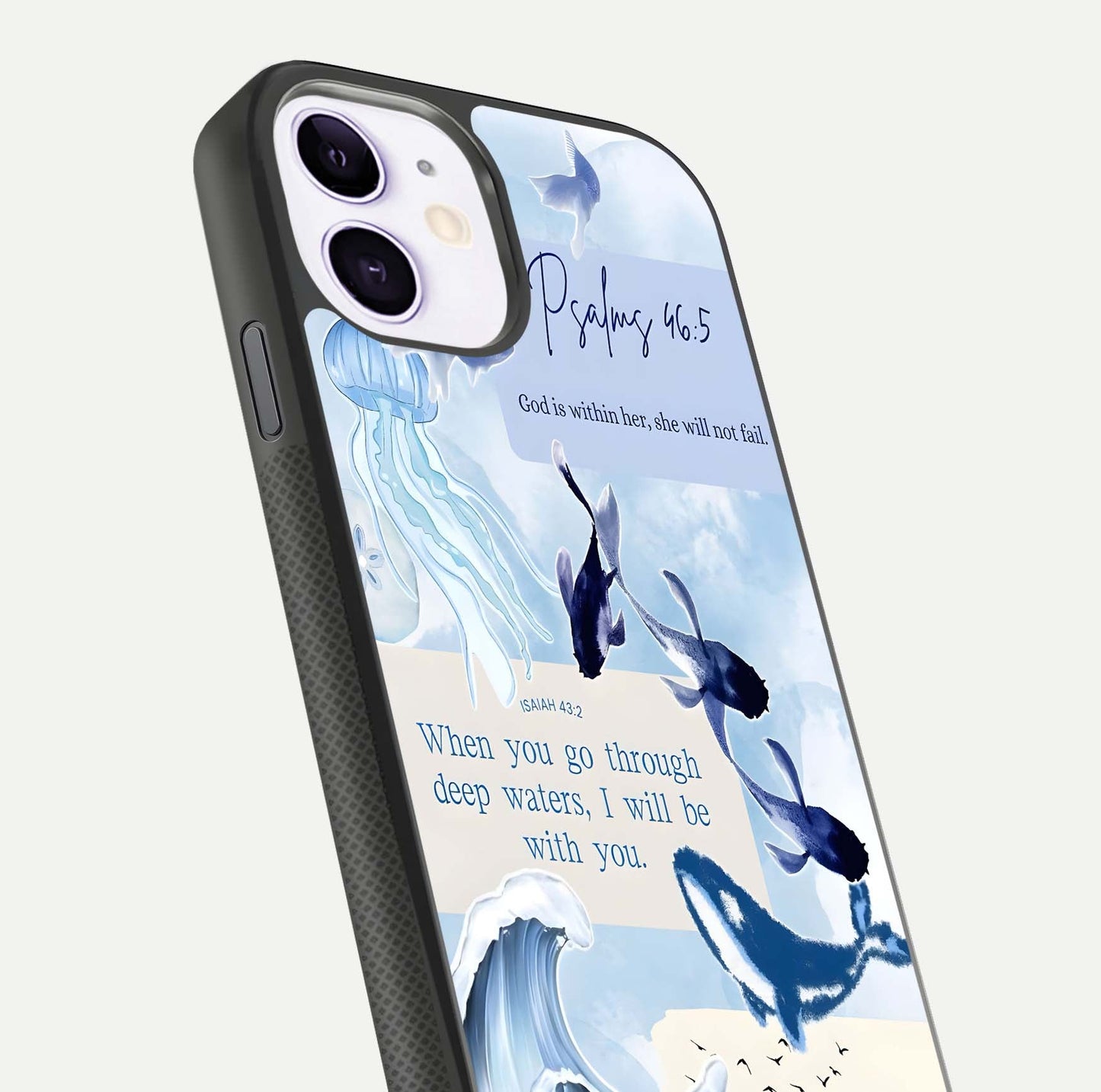 Faithful Ocean Promise Glass Case for iPhone 11 close-up highlighting water reflection and serene blue tones