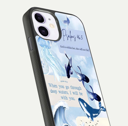 Faithful Ocean Promise Glass Case for iPhone 11 close-up highlighting water reflection and serene blue tones