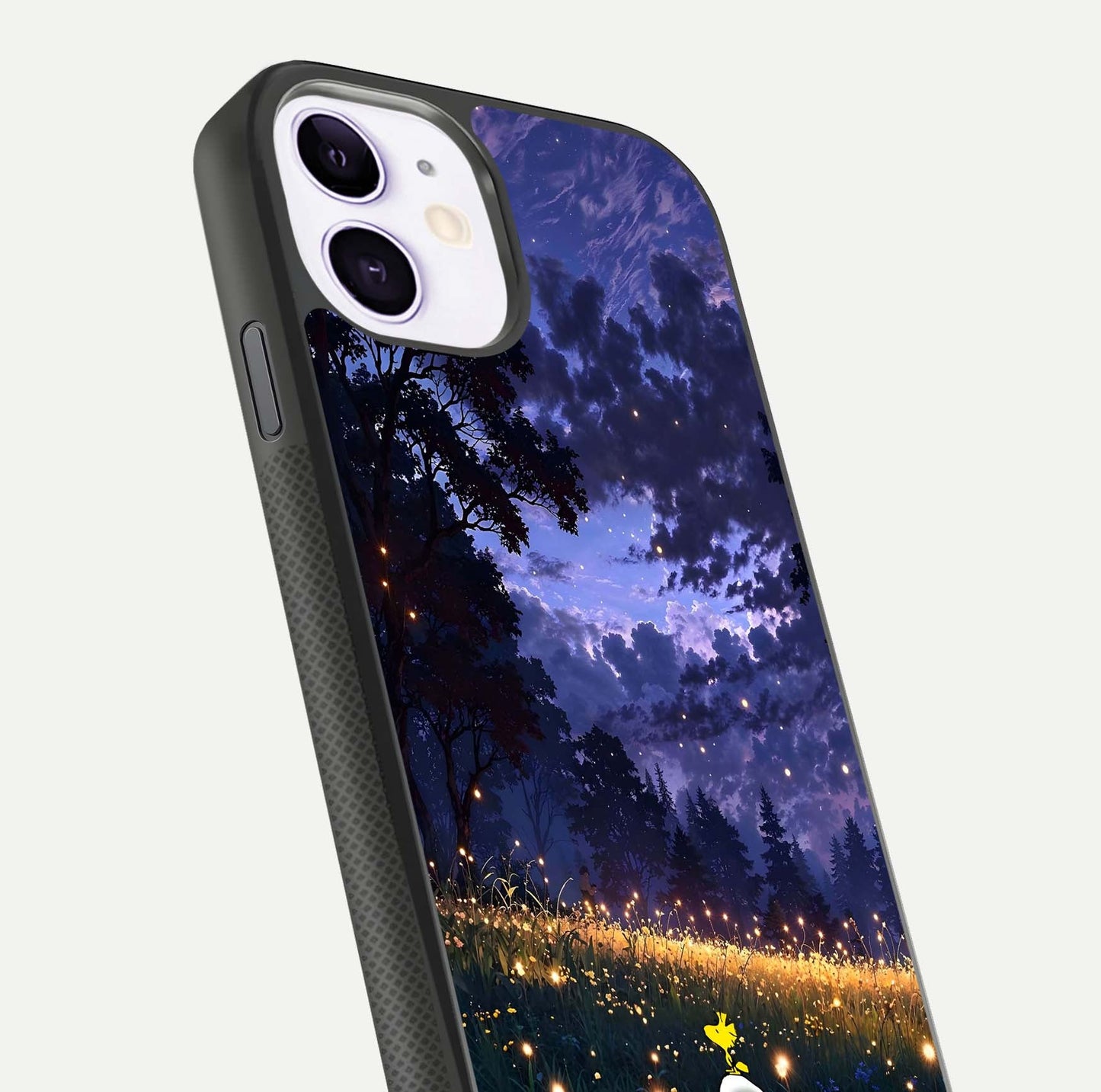 Firefly Meadow Magic Glass Case for iPhone 11 close-up highlighting luminous firefly light and reflection detail