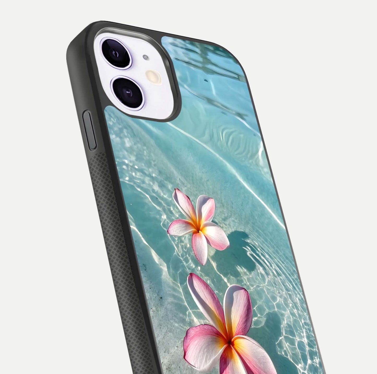 Floating Bloom Bliss Glass Case for iPhone 11 close-up highlighting petal detail and reflection tone