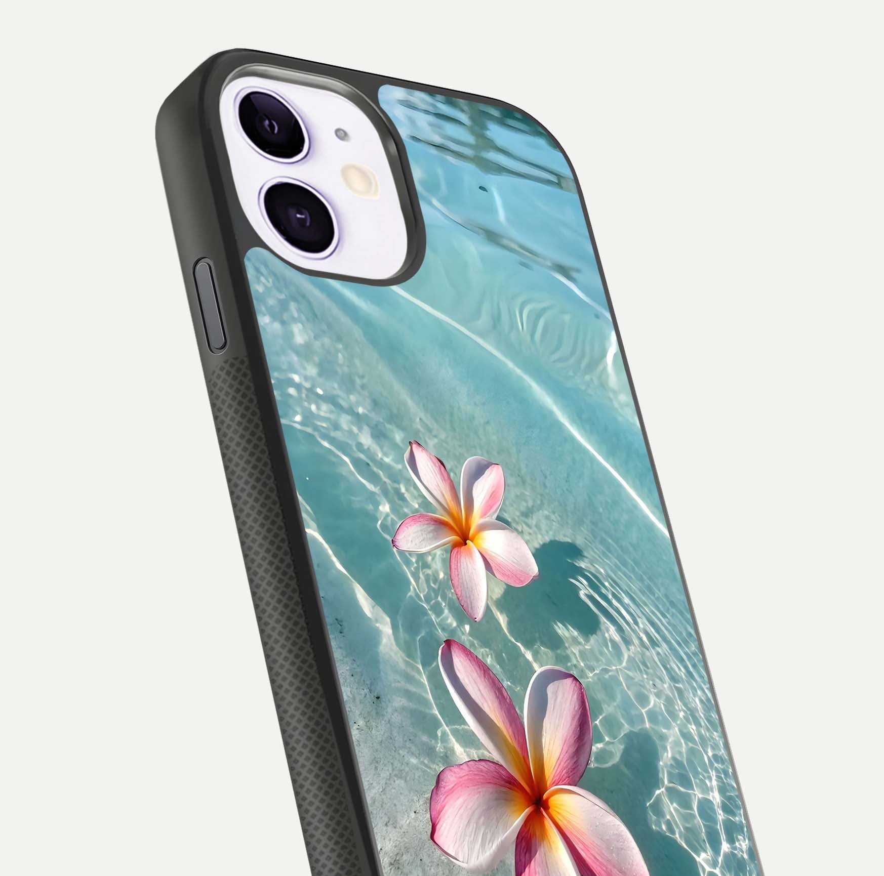 Floating Bloom Bliss Glass Case for iPhone 11 close-up highlighting petal detail and reflection tone
