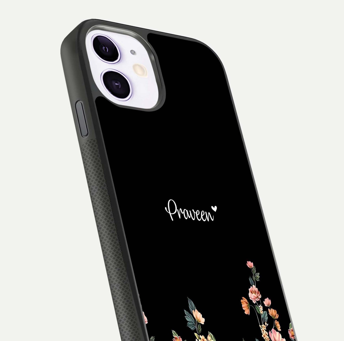Floral Design Personalized Custom Name Glass Case for iPhone 11 close-up highlighting name clarity, petals, and gloss
