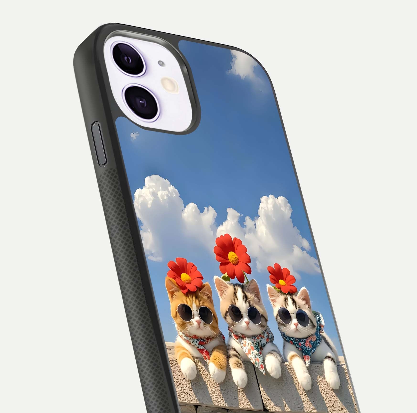 Floral Kitty Squad Glass Case for iPhone 11 close-up highlighting cat detail and flower patterns with HD shine