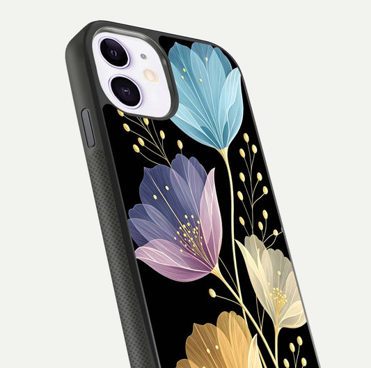 Flower Bloom Glow Glass Case for iPhone 11 close-up highlighting bloom detail and reflection polish