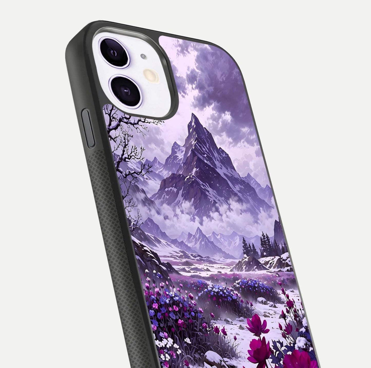 Flower Mountain View Glass Case for iPhone 11 close-up highlighting petal details and sky reflection