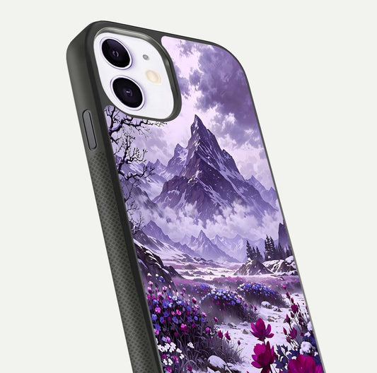 Flower Mountain View Glass Case for iPhone 11 close-up highlighting petal details and sky reflection