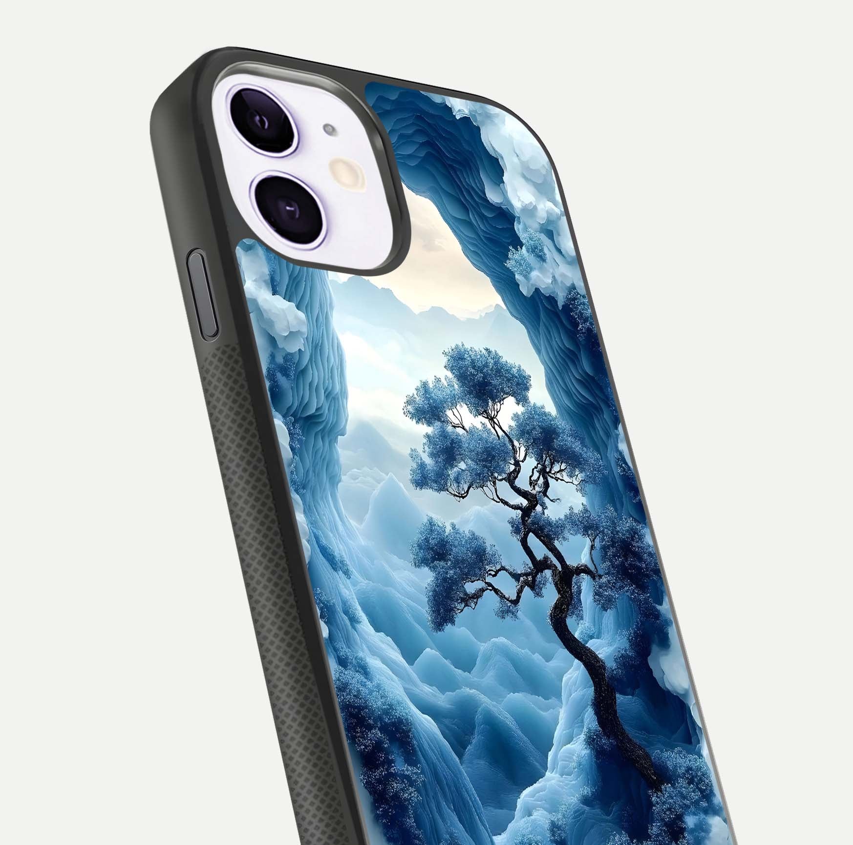 Frozen Serenity Gate Glass Case for iPhone 11 close-up highlighting frosted texture and reflection tone