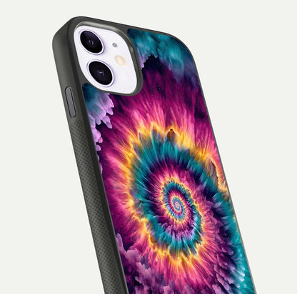 Galactic Spiral Burst Glass Case for iPhone 11 close-up angled shot showing spiral burst detail, neon tones, and glossy reflection