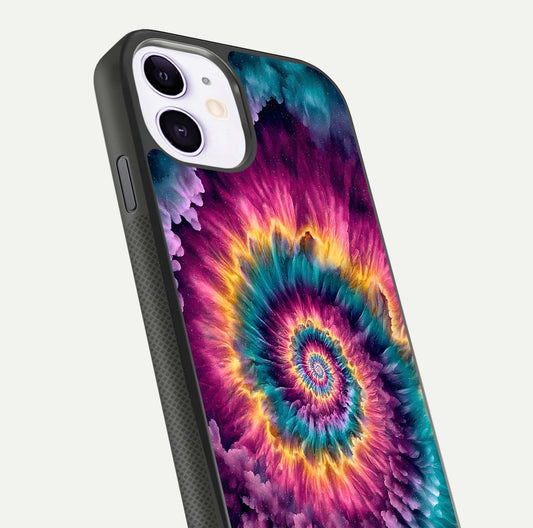 Galactic Spiral Burst Glass Case for iPhone 11 close-up angled shot showing spiral burst detail, neon tones, and glossy reflection