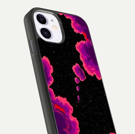 Galaxy Dream Frame Glass Case for iPhone 11 close-up angled shot showing nebula patterns and reflection glow