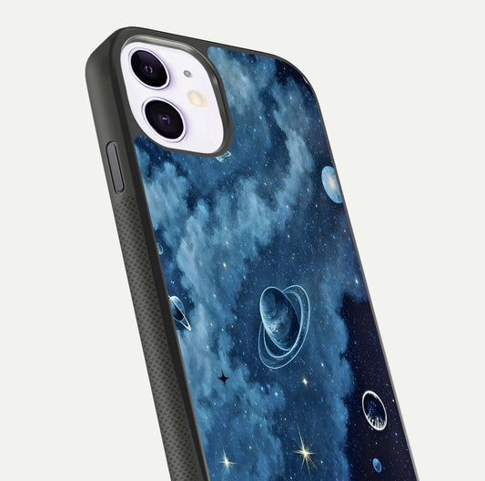 Galaxy Dream Space Glass Case for iPhone 11 close-up angled shot highlighting nebula details and reflection shine