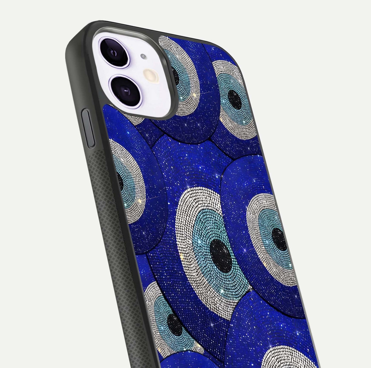 Galaxy Eye Flow Glass Case for iPhone 11 close-up angled shot showing vivid swirl detail and reflection brightness