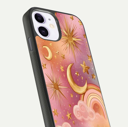 Golden Celestial Dreams Glass Case for iPhone 11 close-up angled shot showing cosmic gold tones and reflection shine