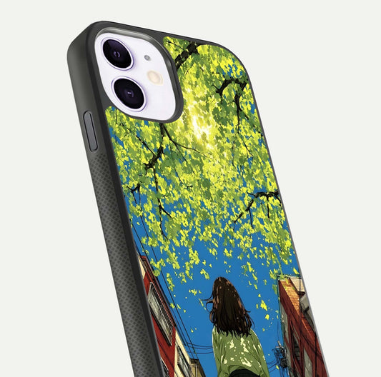 Golden Leaves Glow Glass Case for iPhone 11 close-up angled shot showing fine leaf texture and reflection shine