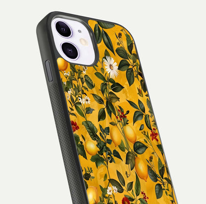Golden Lemon Field Glass Case for iPhone 11 close-up angled shot showing citrus texture and reflection brilliance
